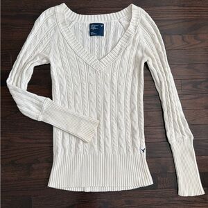 American Eagle Outfitters Cream Cable Knit V-Neck Sweater